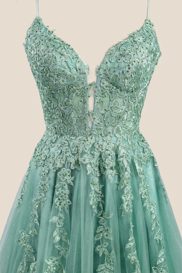 Turquoise Lace Appliques Straps A-line Long Prom Dress