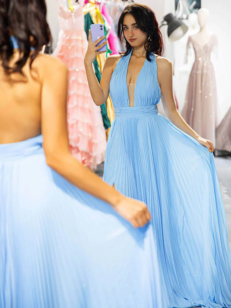 Beautiful and atmospheric Light Blue Backless Prom Dress