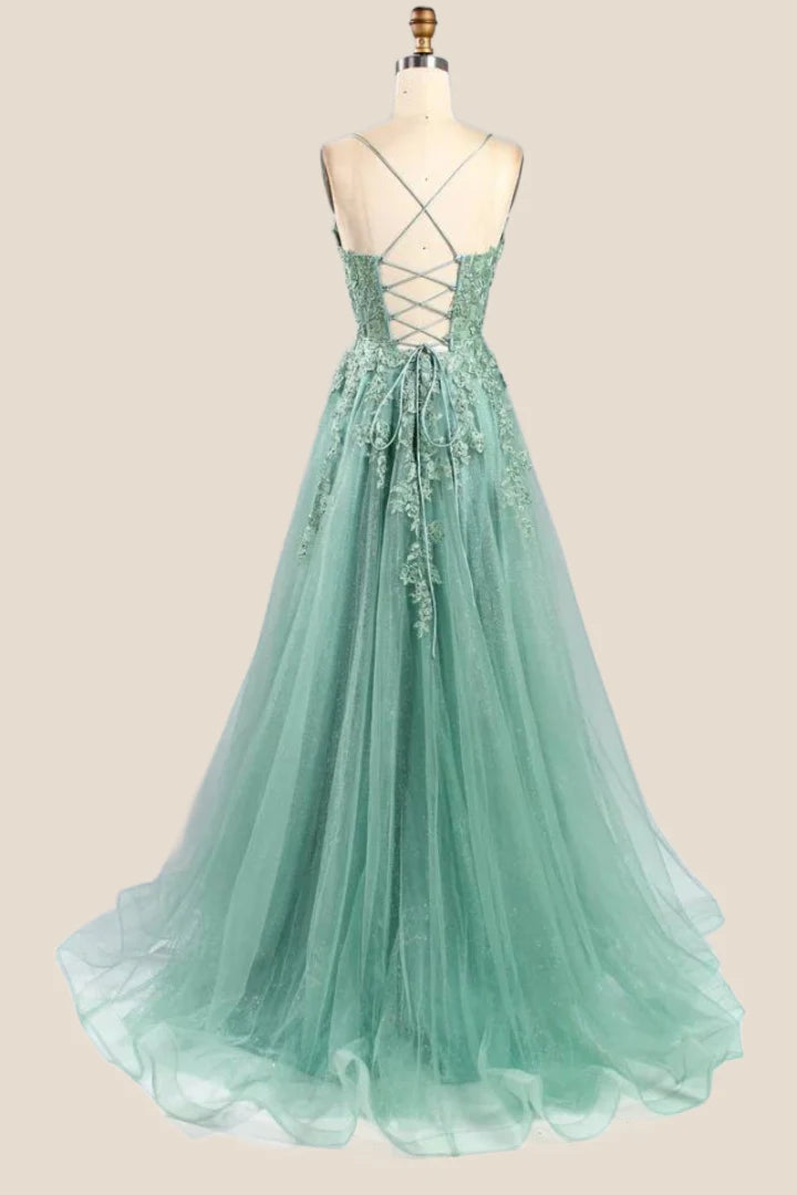 Turquoise Lace Appliques Straps A-line Long Prom Dress