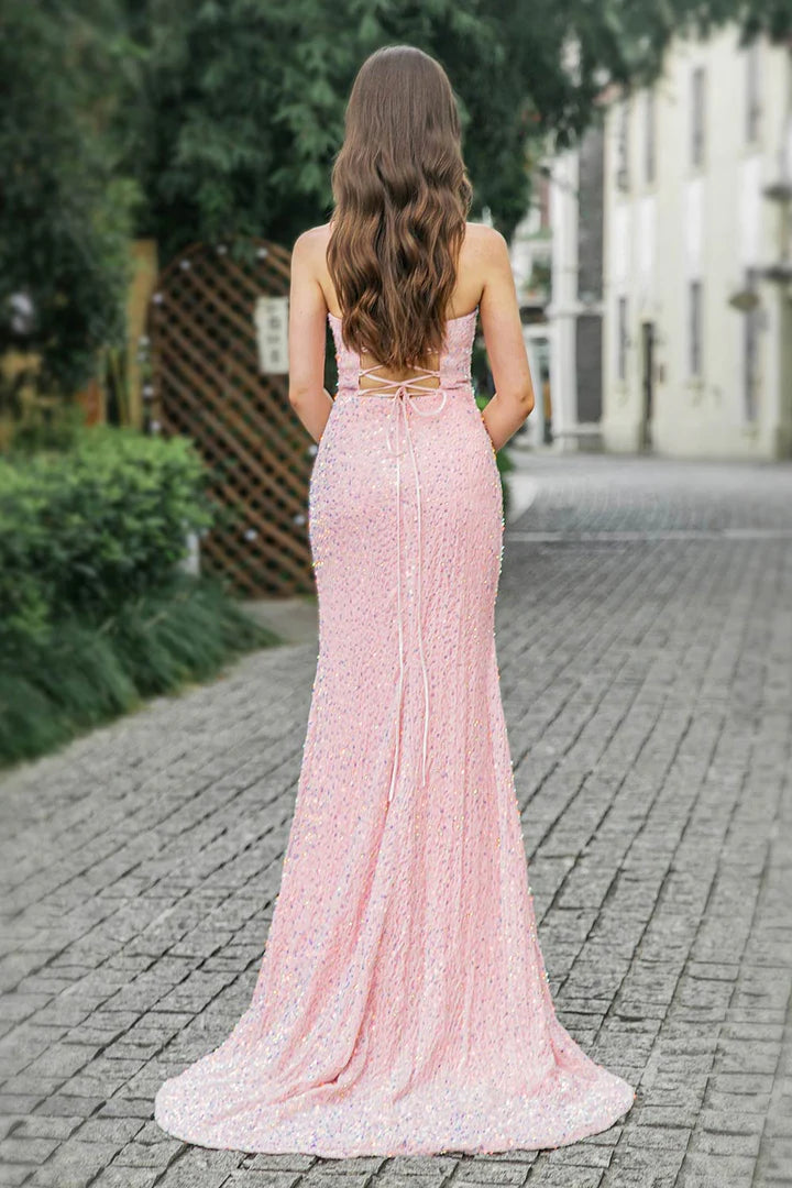 Sparkling and shining Pink Sequin High Slit Prom Dress