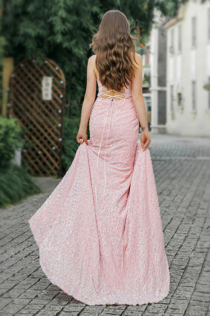Sparkling and shining Pink Sequin High Slit Prom Dress