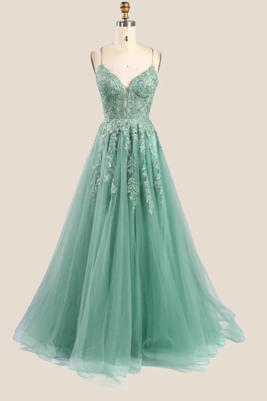 Turquoise Lace Appliques Straps A-line Long Prom Dress