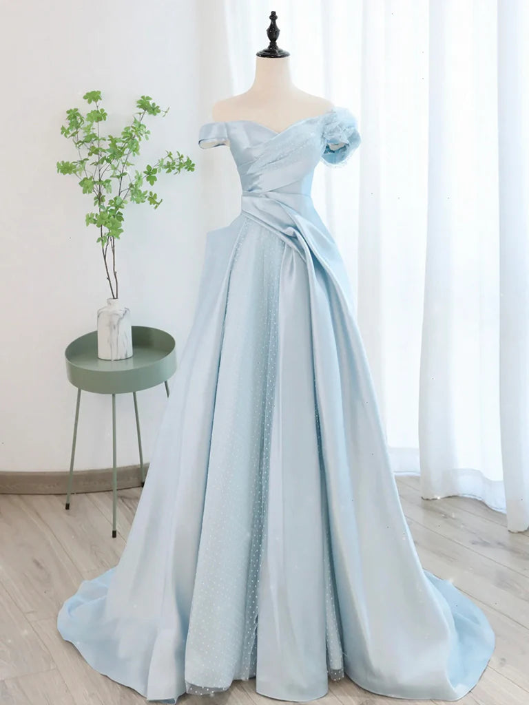 A-Line Off Shoulder Satin Tulle Blue Long Prom Dress