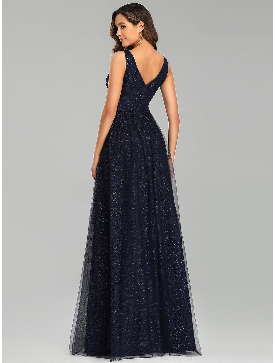 A-Line Prom Dresses Empire Dress Wedding Guest Prom Floor Length Sleeveless V Neck Tulle with Sequin Appliques