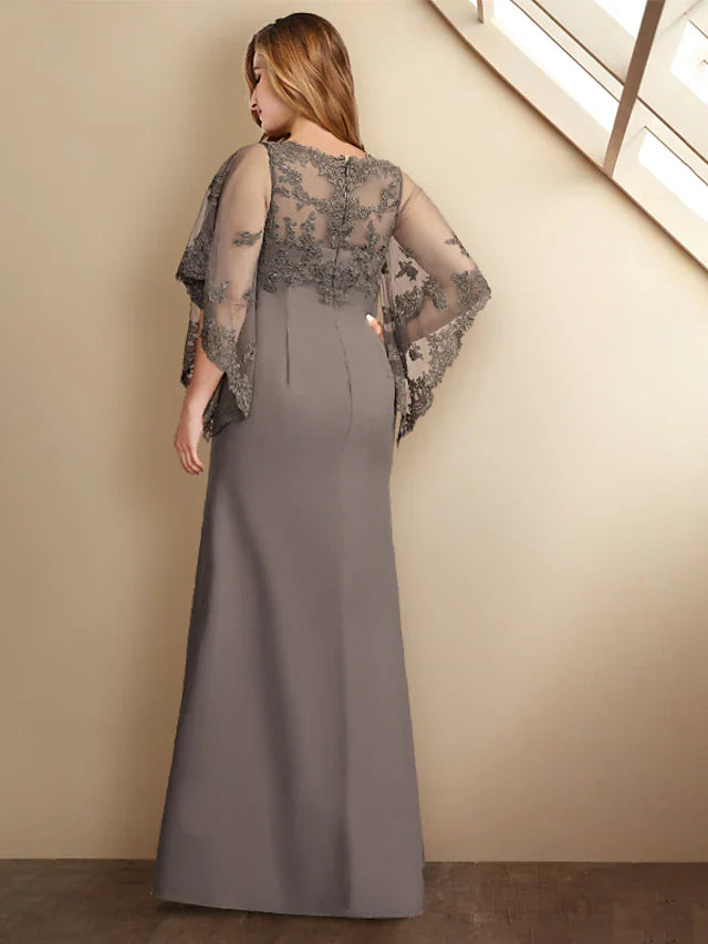 DingjiSheath / Column Plus Size Curve Mother of the Bride Dresses Elegant Dress Formal Floor Length Half Sleeve Jewel Neck Chiffon with Appliques