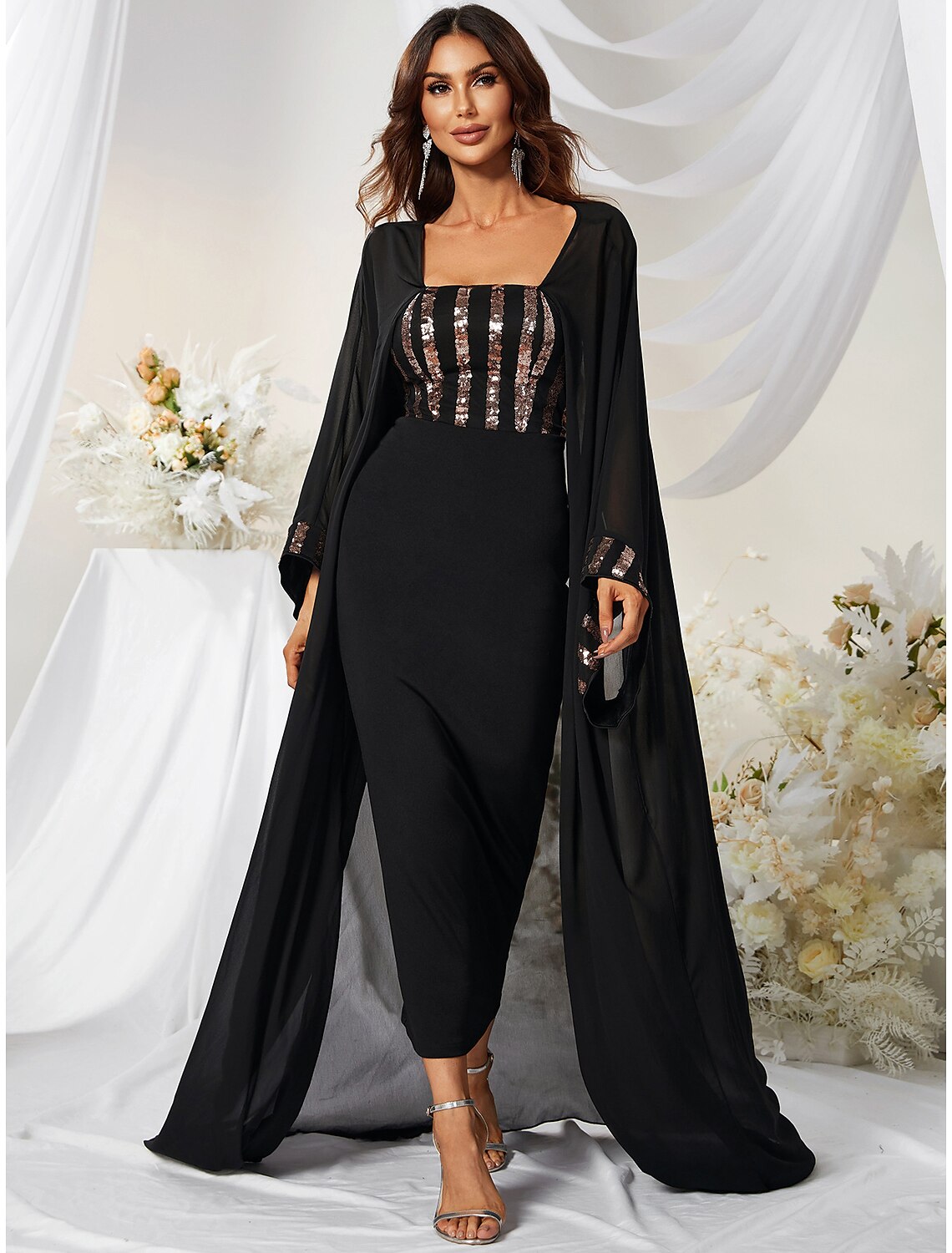 Mermaid / Trumpet Wedding Guest Dresses Elegant Dress Formal Ankle Length Long Sleeve Square Neck Capes Polyester with Beading Shawl