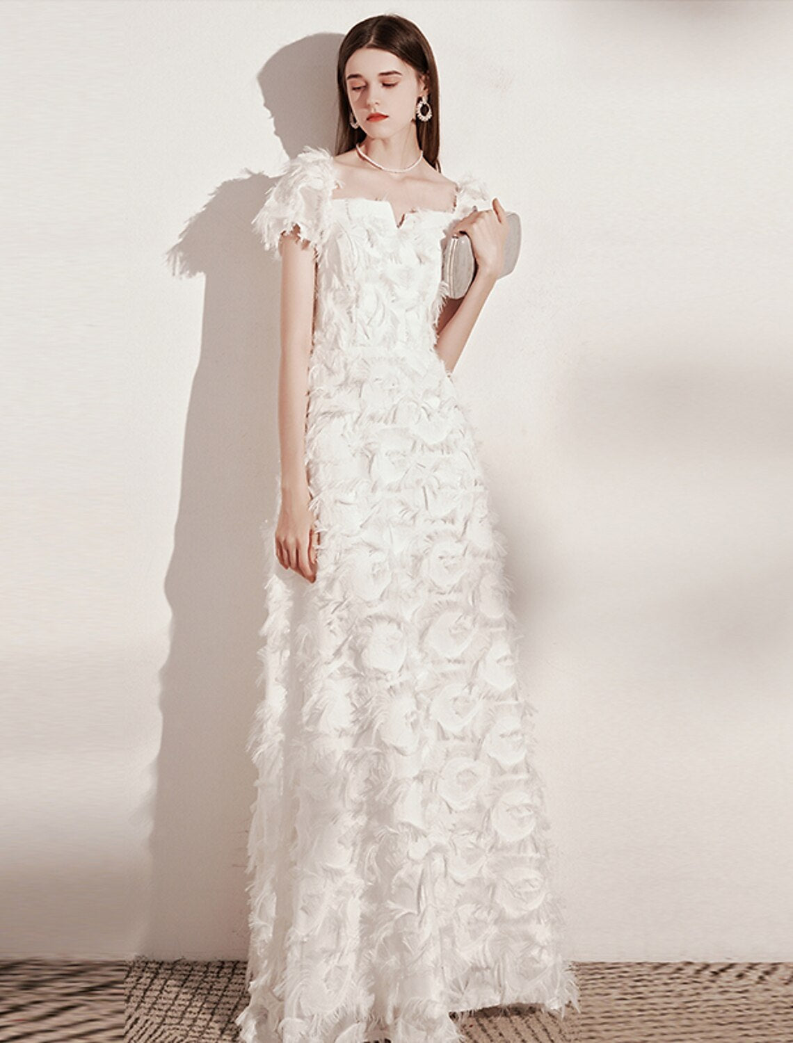 A-Line Evening Gown Minimalist Dress Wedding Guest Formal Evening Floor Length Short Sleeve Scoop Neck Nylon with Feather Pure Color