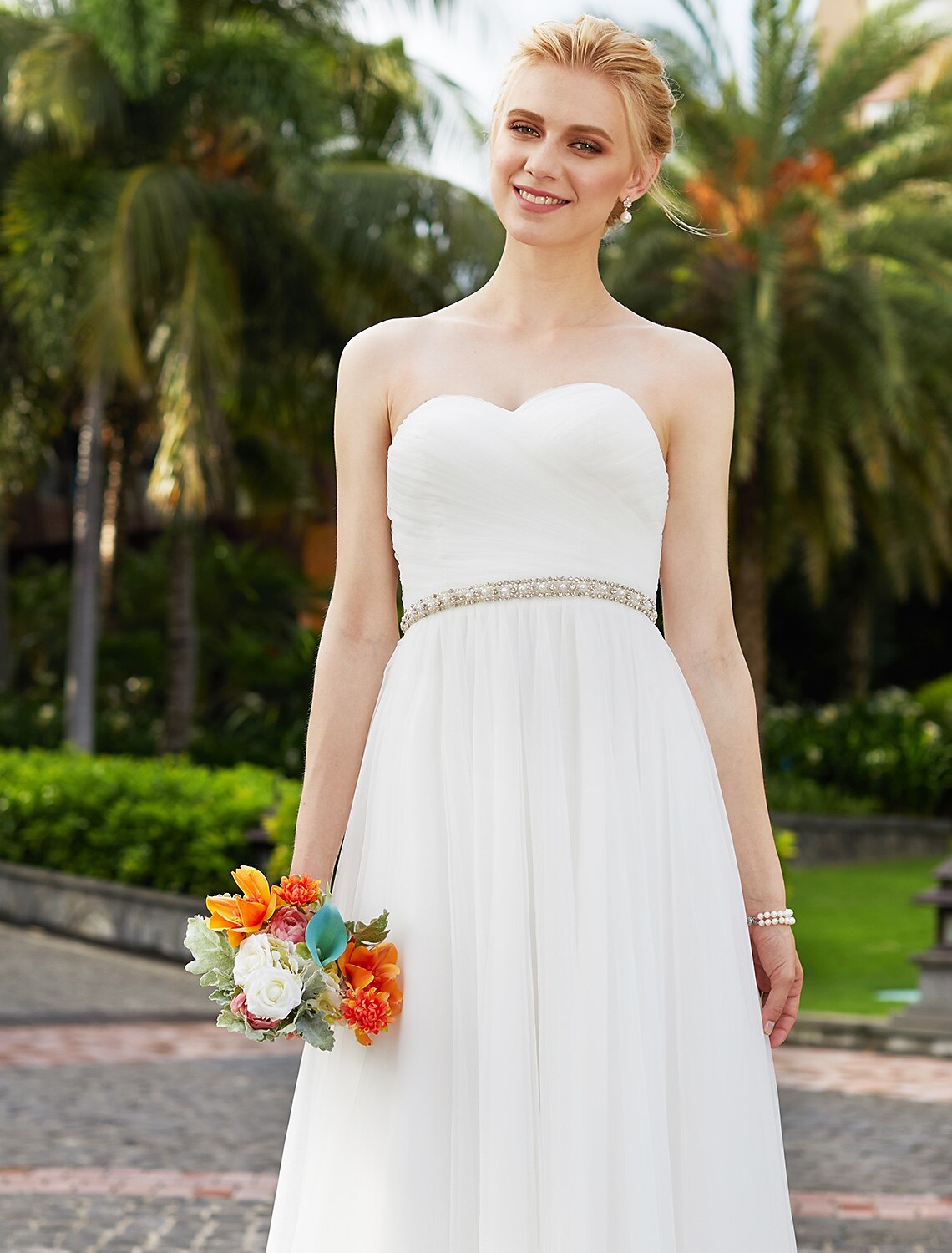 Reception Wedding Dresses Princess Sweetheart Strapless Floor Length Chiffon Bridal Gowns With Sashes / Ribbons Beading