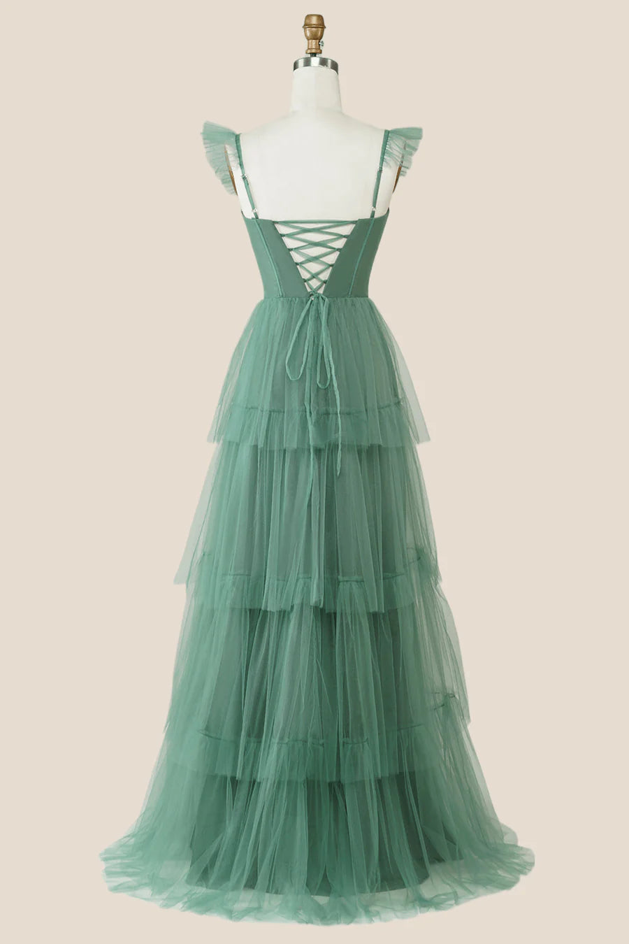 Sage Green Tulle Tiered A-line Long Bridesmaid Dress