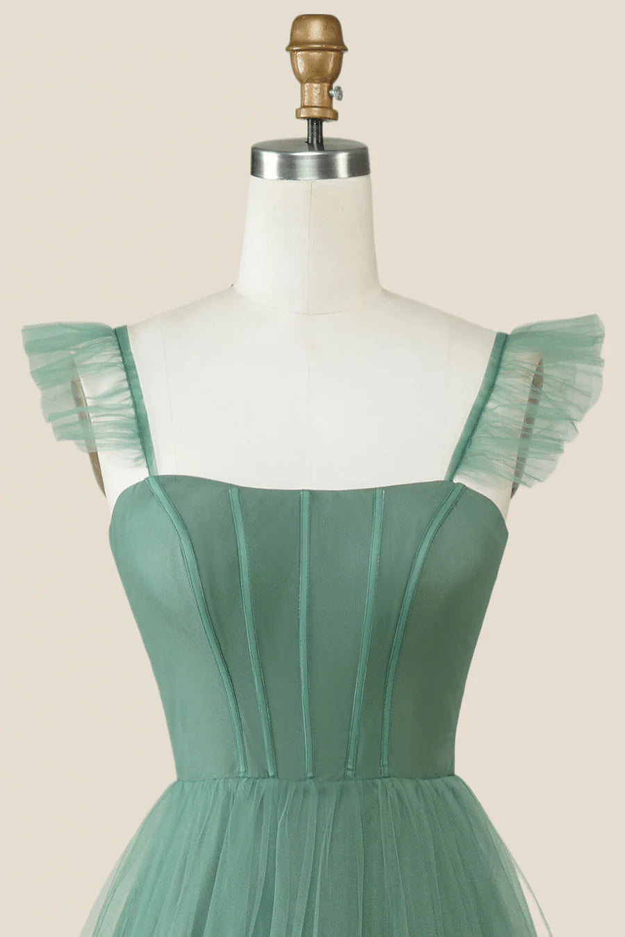 Sage Green Tulle Tiered A-line Long Bridesmaid Dress