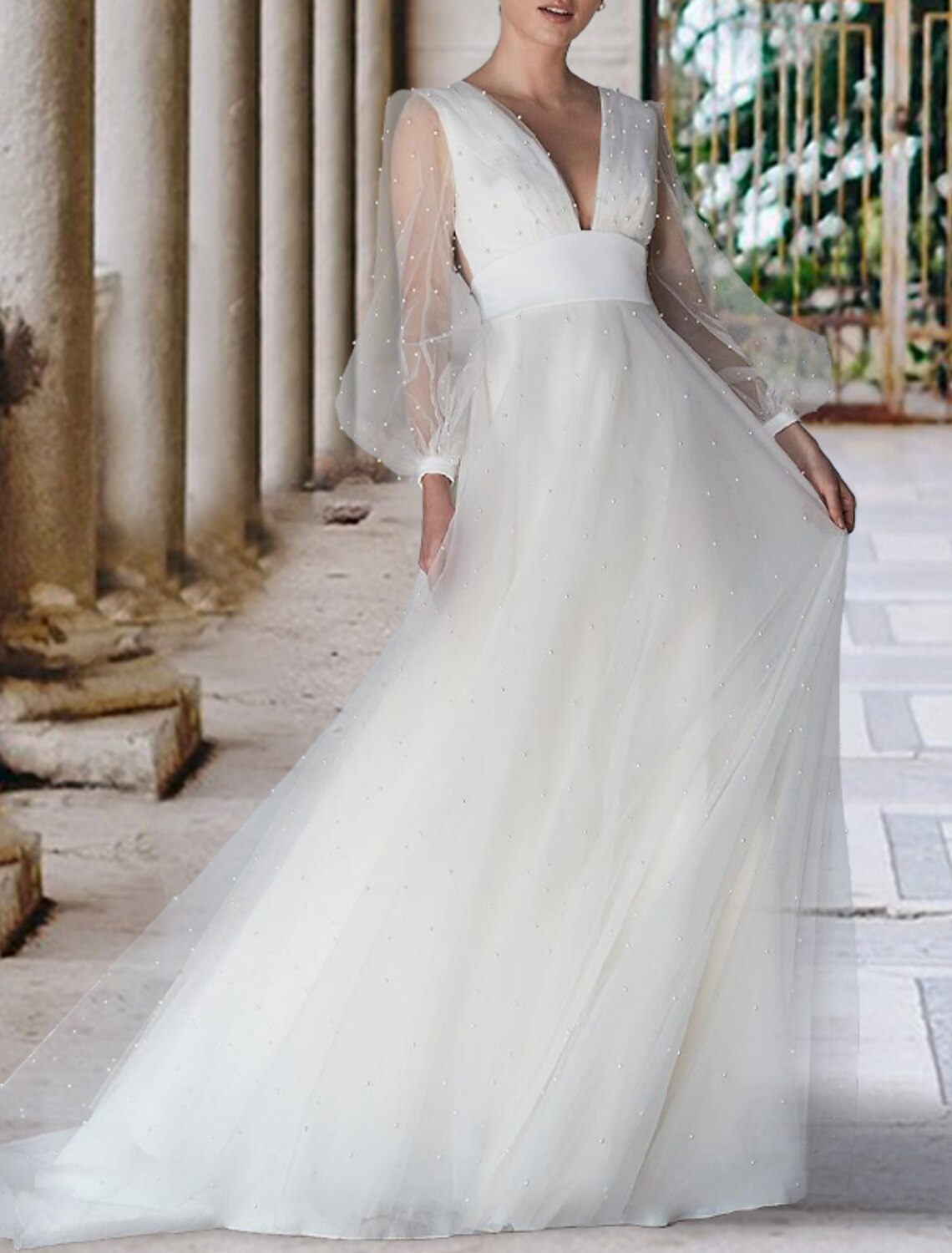 Hall Casual Wedding Dresses A-Line V Neck Long Sleeve Court Train Tulle Bridal Gowns With Pearls