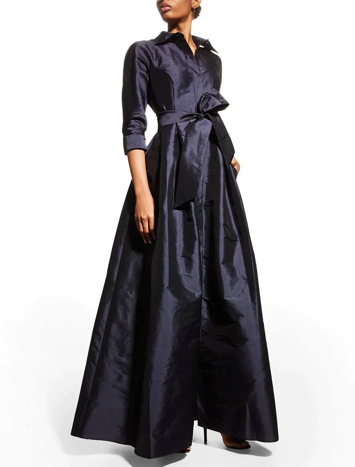 A-Line Evening Gown Elegant Dress Wedding Guest Floor Length 3/4 Length Sleeve Shirt Collar Pocket Taffeta with Pocket Strappy