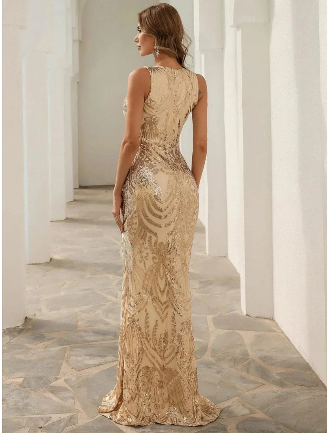DingjiMermaid / Trumpet Evening Gown Elegant Dress Formal Sweep / Brush Train Sleeveless V Neck Stretch Fabric with Sequin