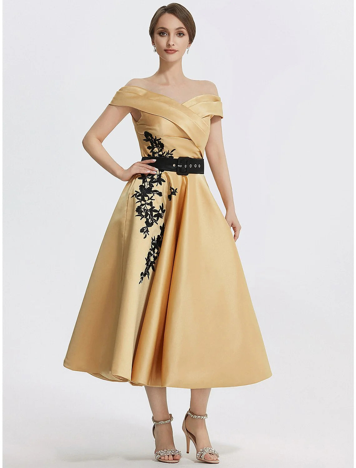 DingjiA-Line Cocktail Dresses Elegant Dress Formal Prom Tea Length Sleeveless Off Shoulder Satin with Appliques