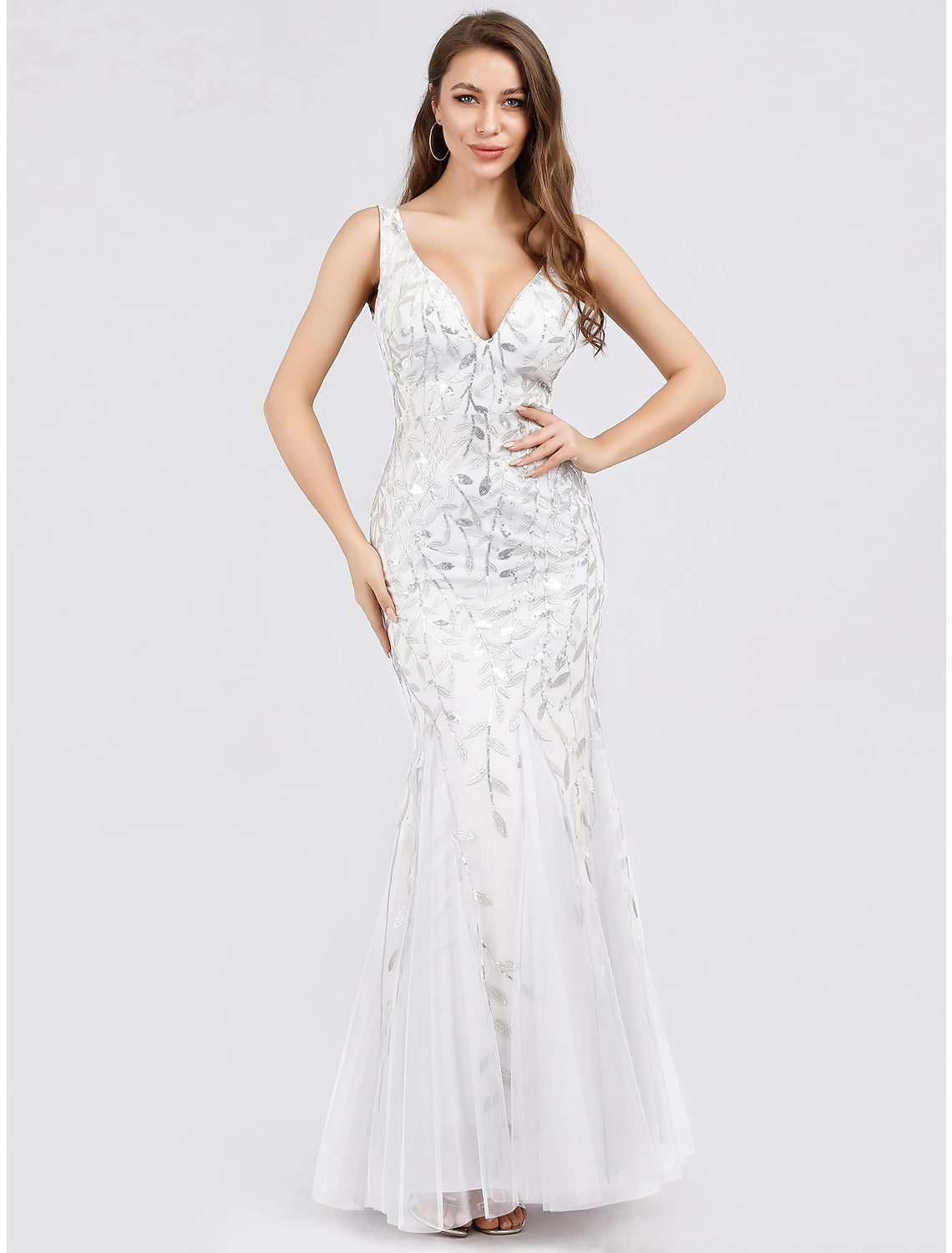 Mermaid / Trumpet Sparkle Sexy Prom Formal Evening Valentine's Day Dress V Neck V Back Sleeveless Floor Length Tulle with Sequin Appliques