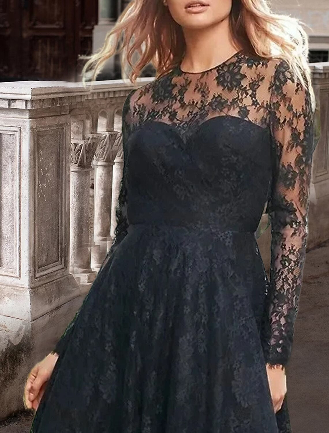 Black Wedding Dresses Party Formal A-Line Scoop Neck Long Sleeve Sweep / Brush Train Lace Gothi Fall Halloween Bachelorette Bridal Gowns With Pleats