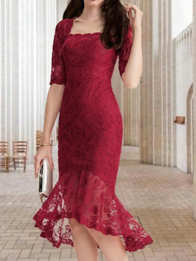 Mermaid / Trumpet Mother of the Bride Dress Vintage Elegant High Low Square Neck Asymmetrical Tea Length Lace Half Sleeve with Ruffles Appliques