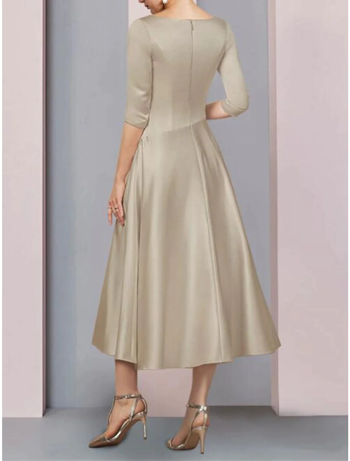 A-Line Mother of the Bride Dress Wedding Guest Vintage Plus Size Elegant Formal Party 3/4 Sleeve Satin V Neck Tea Length with Pleats