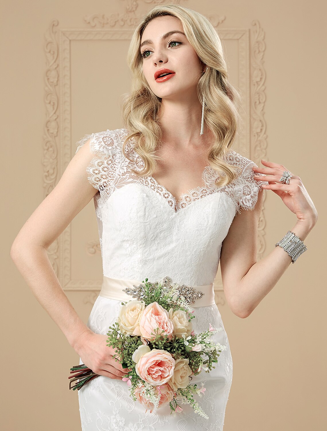 Wedding Dresses Mermaid / Trumpet V Neck Cap Sleeve Court Train All Over Lace Bridal Gowns With Crystals Beading