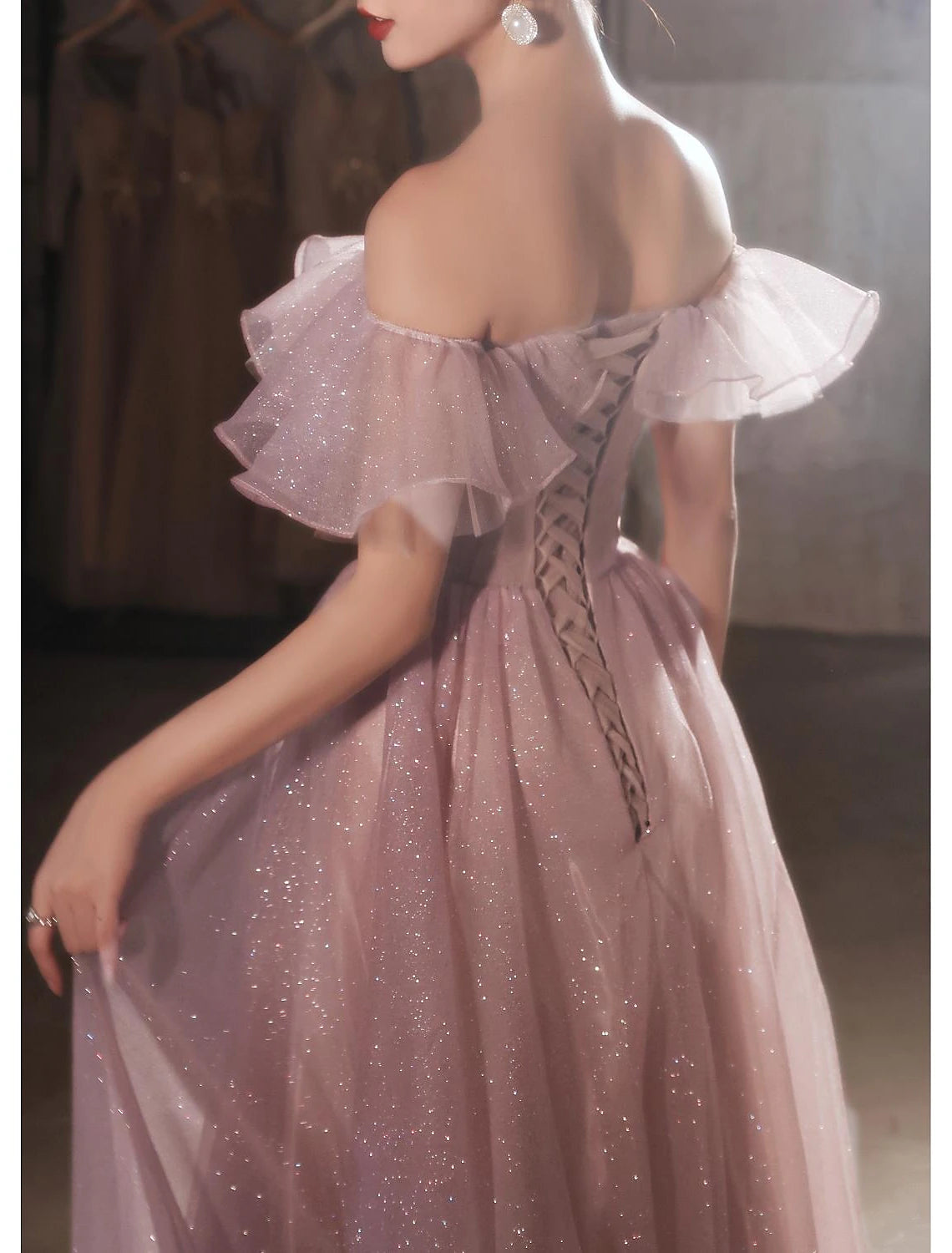 A-Line Beautiful Back Elegant Prom Formal Evening Birthday Dress Off Shoulder Short Sleeve Floor Length Lace with Appliques