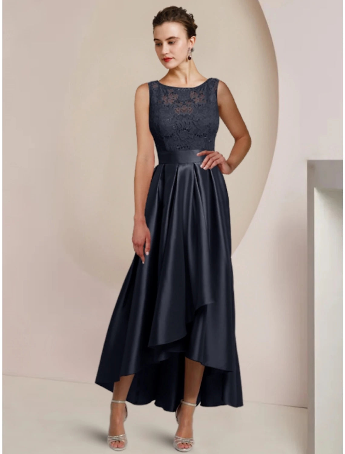 Sheath / Column Mother of the Bride Dress Wedding Guest Minimalist Elegant Scoop Neck Asymmetrical Ankle Length Satin Lace Half Sleeve with Pleats Solid Color 2023