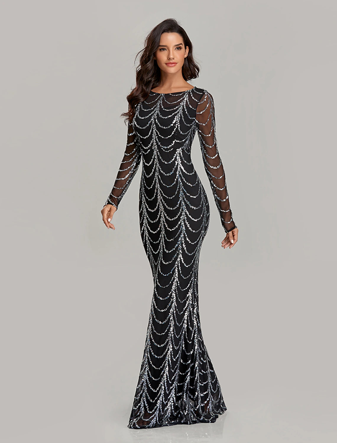 Mermaid Black Dress Evening Gown Black Dress Vintage Party Wear Formal Evening Floor Length Long Sleeve Jewel Neck Sequined with Sequin