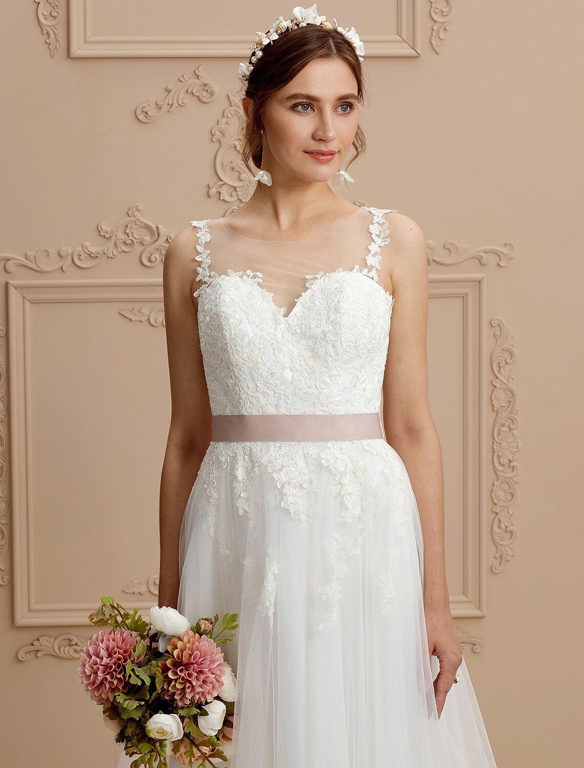 Hall Wedding Dresses A-Line Jewel Neck Sleeveless Court Train Tulle Bridal Gowns With Sashes / Ribbons Appliques
