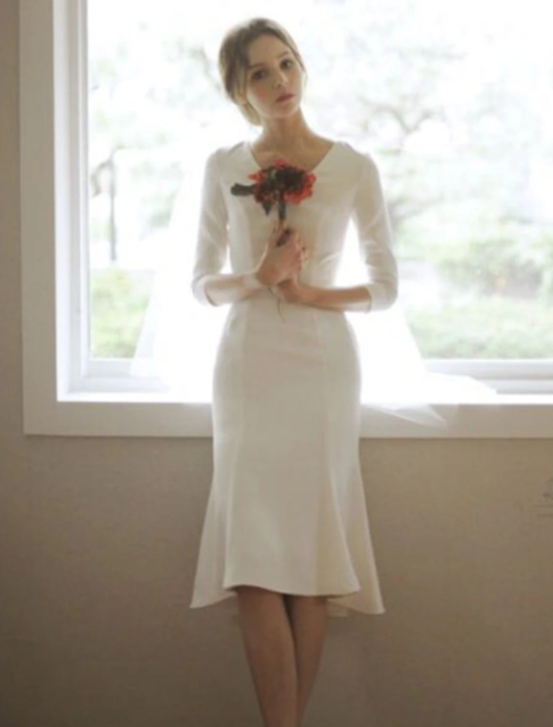 Reception Little White Dresses Fall Wedding Dresses Mermaid / Trumpet V Neck 3/4 Length Sleeve Asymmetrical Satin Bridal Gowns With 2023 Summer Wedding Party