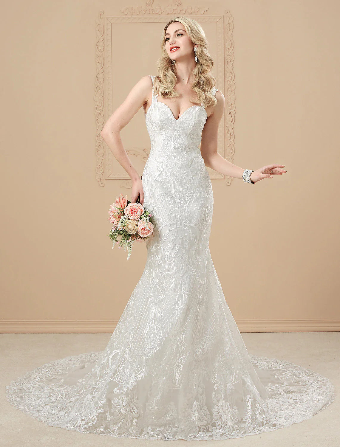 DingjiWedding Dresses Mermaid / Trumpet Sweetheart Spaghetti Strap Chapel Train Satin Bridal Gowns With Buttons Appliques