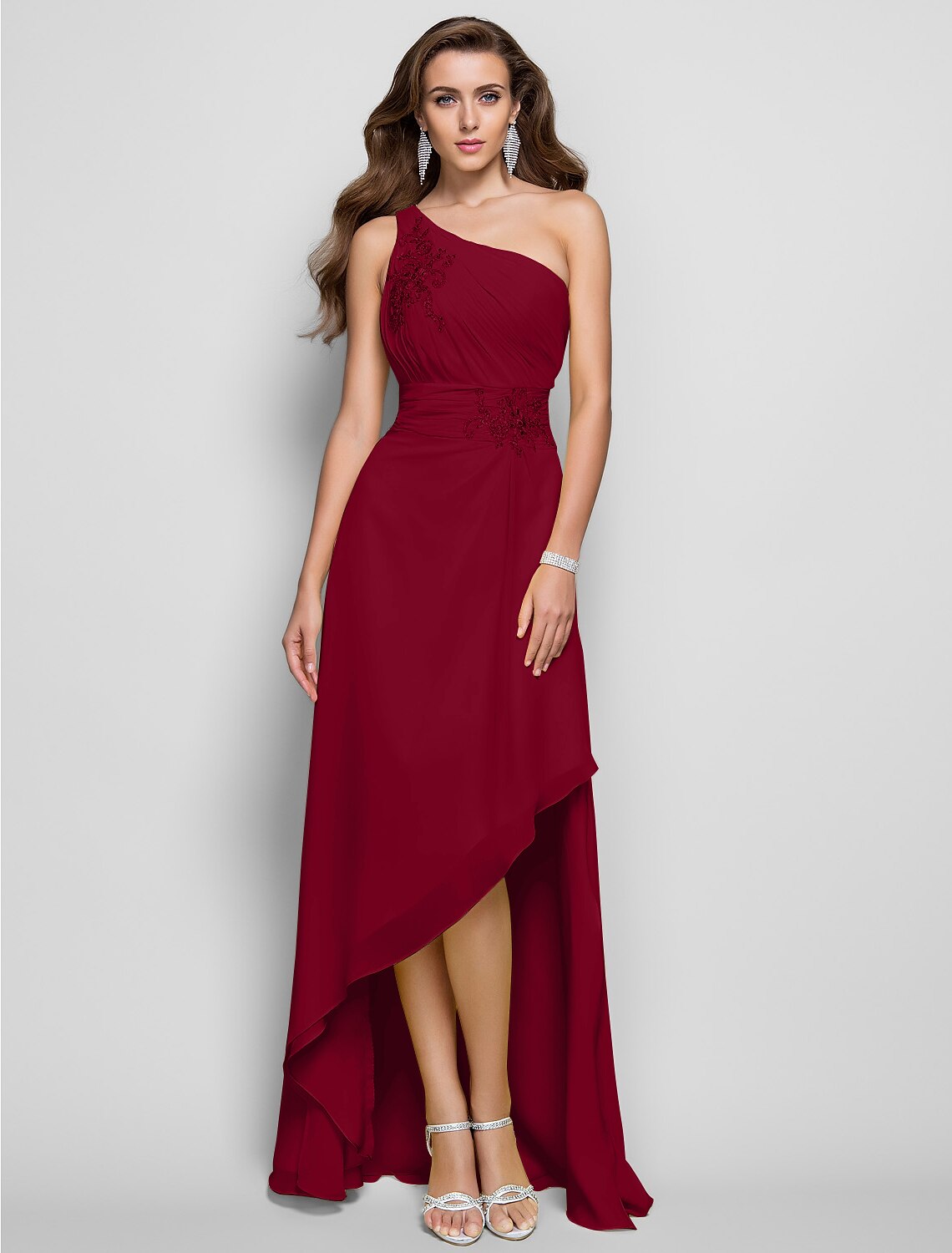 Sheath / Column Elegant Dress Wedding Guest Asymmetrical Sleeveless One Shoulder Chiffon with Beading Slit Appliques
