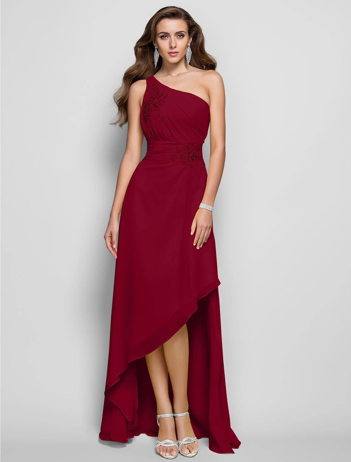 Sheath / Column Elegant Dress Wedding Guest Cocktail Party Asymmetrical Sleeveless One Shoulder Bridesmaid Dress Chiffon with Beading Slit Appliques