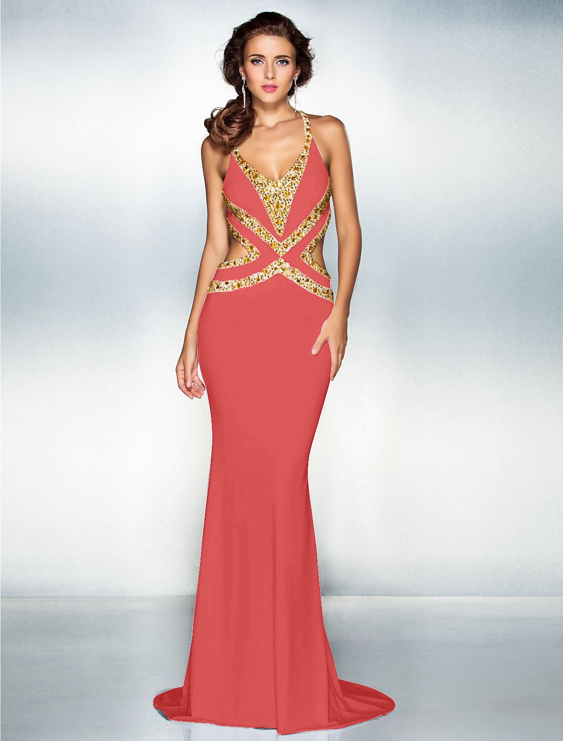 Mermaid / Trumpet Sparkle Dress Wedding Guest Engagement Sweep / Brush Train Sleeveless V Neck Jersey Crisscross Back with Crystals