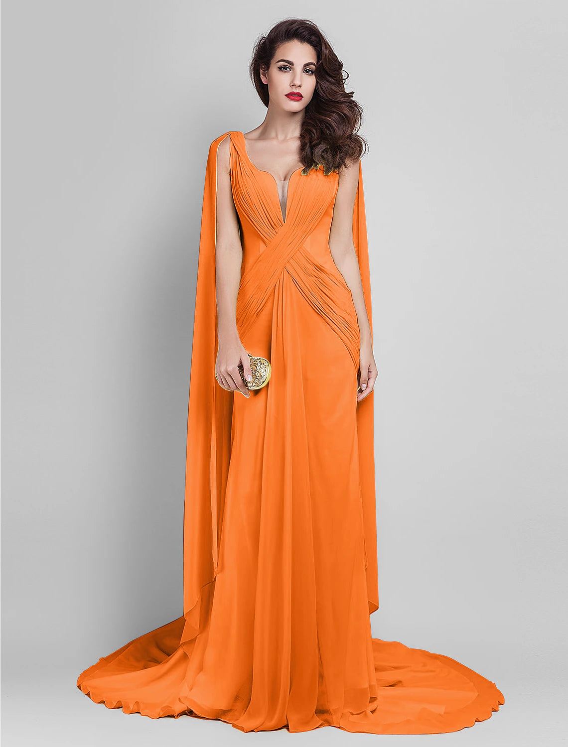 Sheath / Column Elegant Dress Wedding Guest Court Train Sleeveless Plunging Neck Georgette V Back with Criss Cross Side Draping