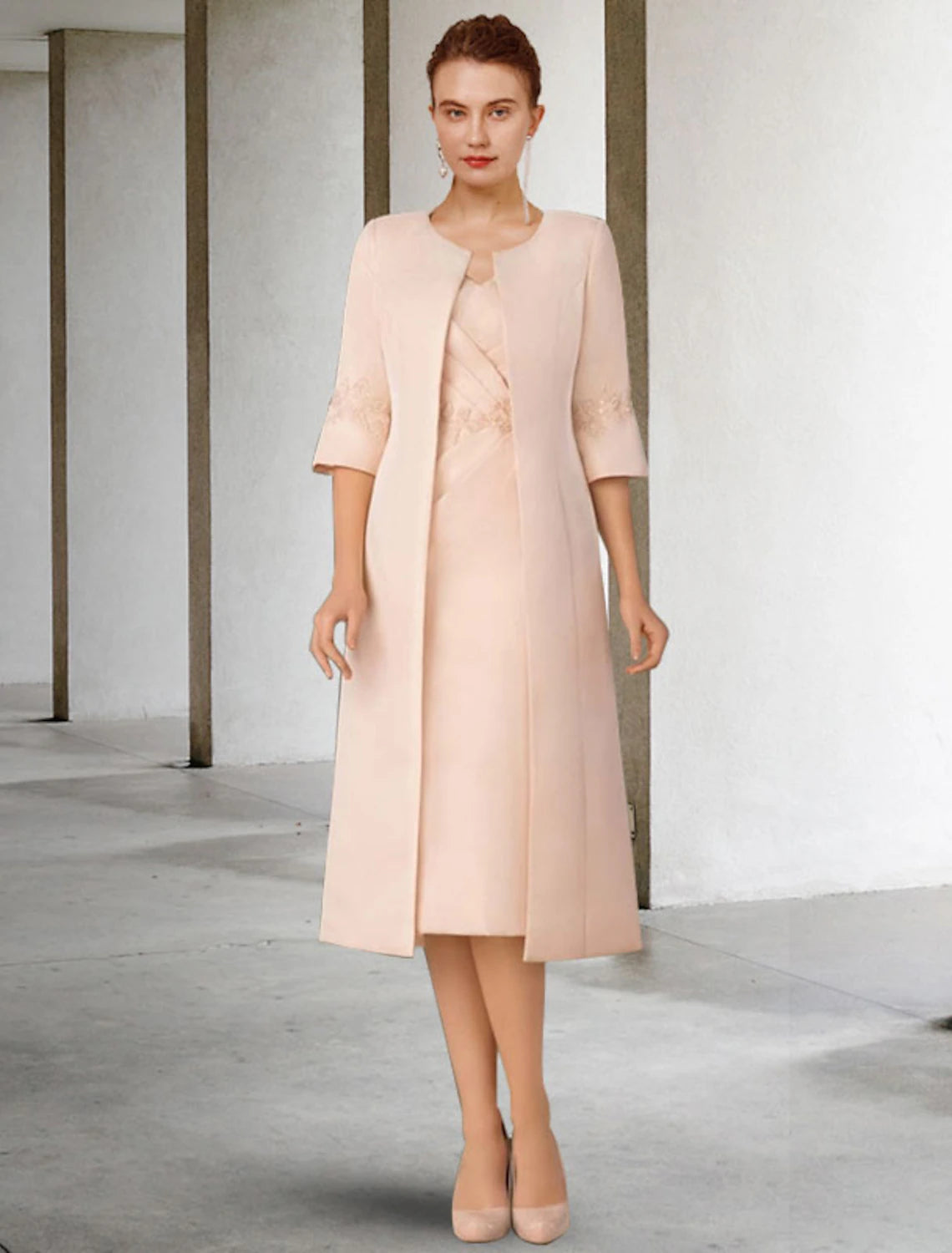 Two Piece Sheath / Column Mother of the Bride Dress Church Elegant V Neck Knee Length Lace Stretch Chiffon Short Sleeve Jacket Dresses with Appliques Side-Draped