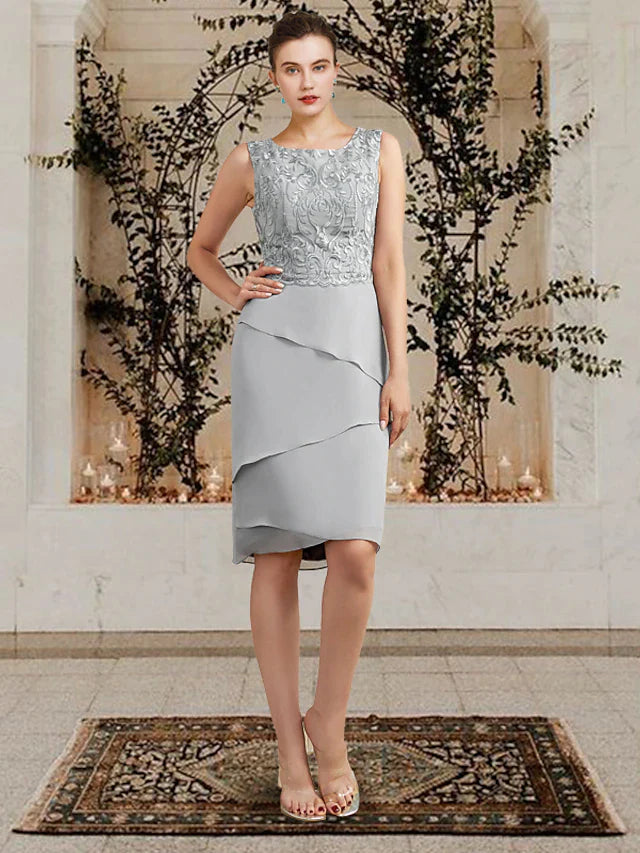 Two Piece Sheath / Column Mother of the Bride Dress Church Elegant Square Neck Jewel Neck Knee Length Chiffon Lace Sleeveless Wrap Included with Ruffles Appliques