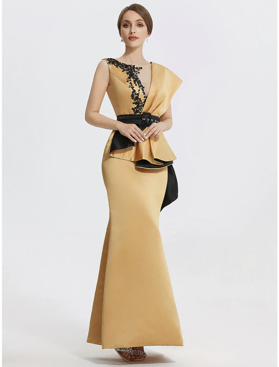 DingjiSheath / Column Evening Gown Elegant Dress Formal Floor Length Sleeveless Jewel Neck Satin with Embroidery Appliques