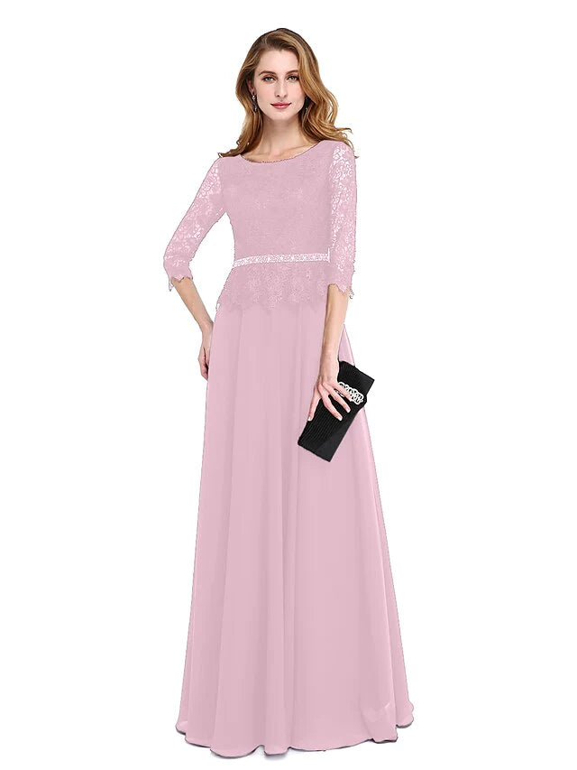 A-Line Mother of the Bride Dress Elegant Jewel Neck Floor Length Chiffon Lace Bodice 3/4 Length Sleeve with Sash / Ribbon Beading