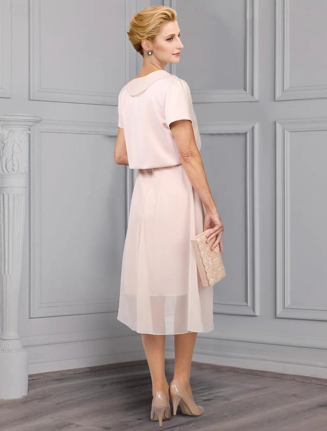 Two Piece A-Line Mother of the Bride Dress Formal Wedding Guest Elegant V Neck Tea Length Chiffon Lace Short Sleeve Jacket Dresses with Appliques Flower