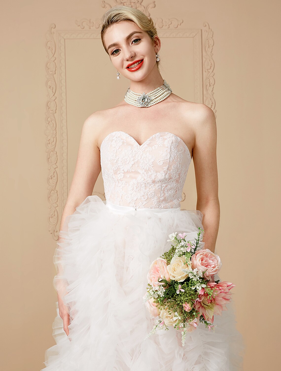 A-Line Wedding Dresses Sweetheart Neckline Sweep / Brush Train Tulle Over Lace Sleeveless Wedding Dress in Color Open Back with Sashes / Ribbons / Removable train
