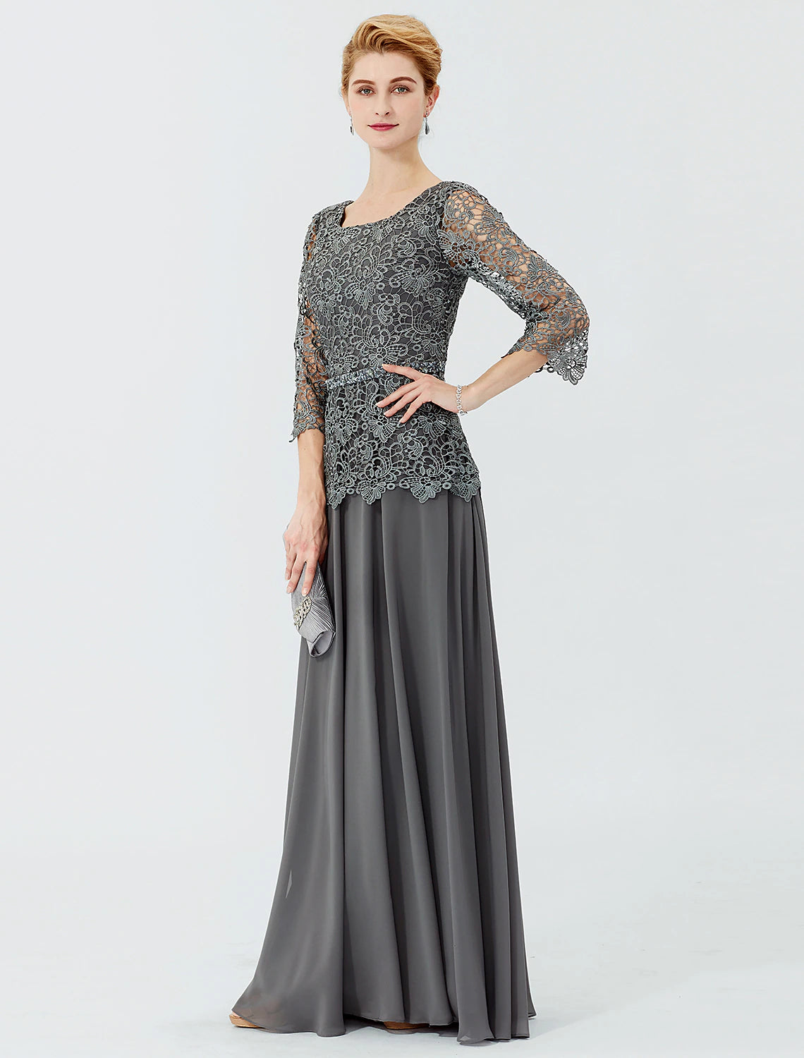 Ball Gown A-Line Mother of the Bride Dress Formal Classic & Timeless Elegant & Luxurious Elegant Scoop Neck Floor Length Chiffon Corded Lace 3/4 Length Sleeve with Sashes / Ribbons Beading