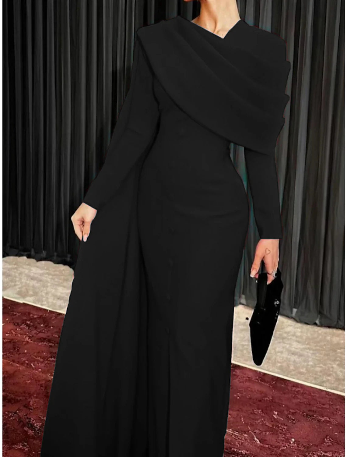 Sheath Red Black Red Green Dress Evening Gown Elegant Cape Dress Formal Fall Sweep / Brush Train Long Sleeve Cowl Neck Stretch Fabric with Buttons Slit