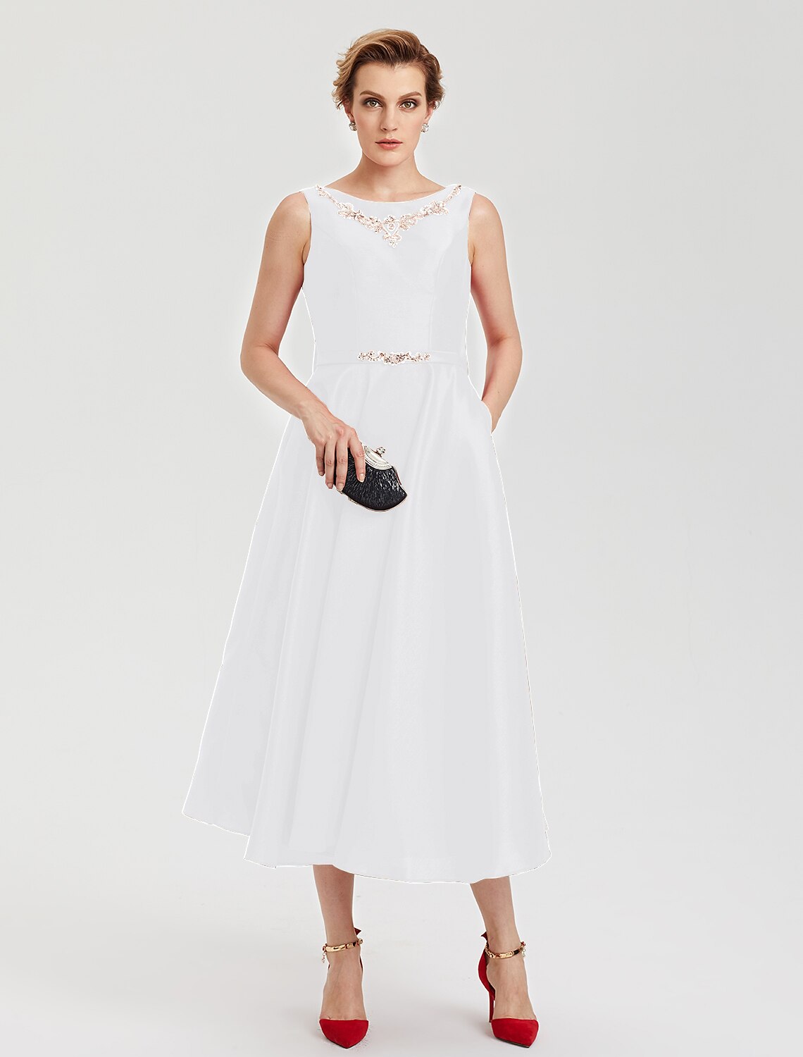 A-Line Elegant Open Back Evening Party Formal Dress Jewel Neck Sleeveless Tea Length Satin with Rhinestone Crystal Sash / Ribbon