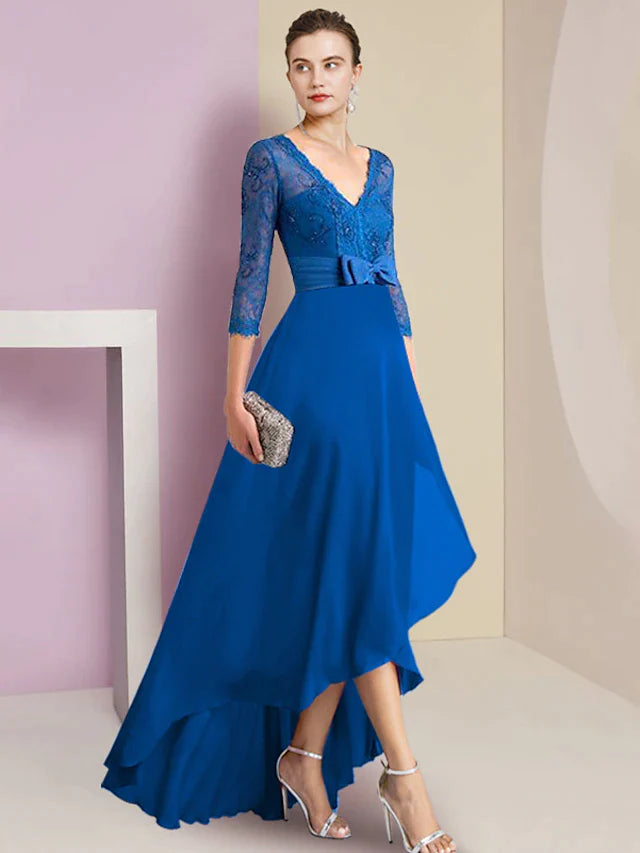 A-Line Mother of the Bride Dress Formal Wedding Guest Elegant High Low V Neck Asymmetrical Tea Length Chiffon Lace 3/4 Length Sleeve with Bow(s)