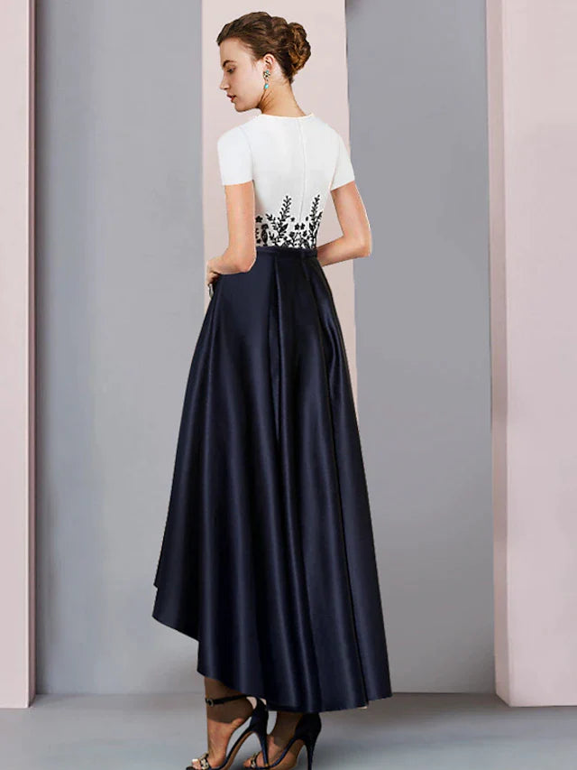 Sheath / Column Mother of the Bride Dress Formal Party Elegant Scoop Neck Asymmetrical Satin Short Sleeve with Pleats Appliques