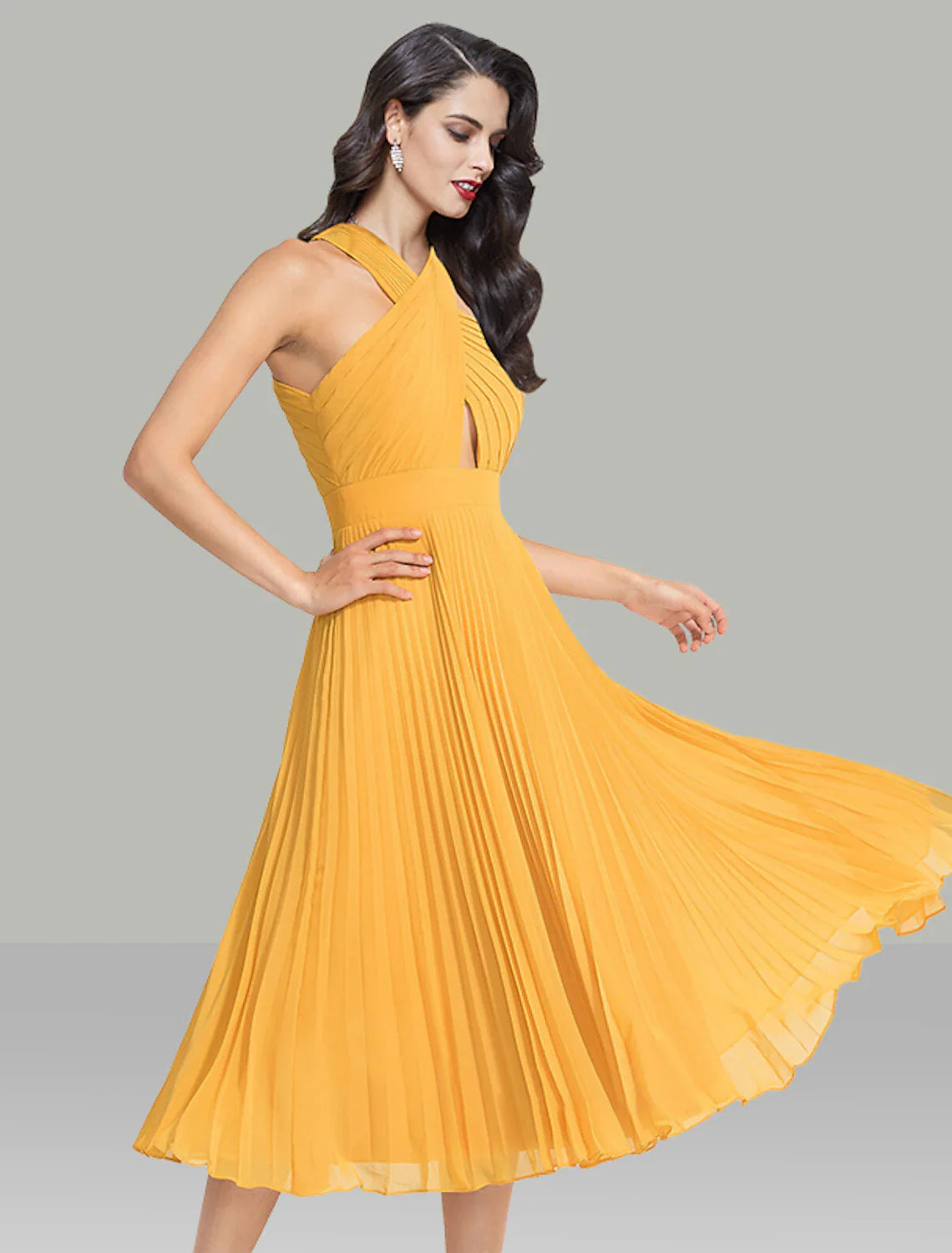 DingjiA-Line Wedding Guest Dresses Elegant Dress Cocktail Party Wedding Party Tea Length Sleeveless Halter Neck Chiffon with Ruched