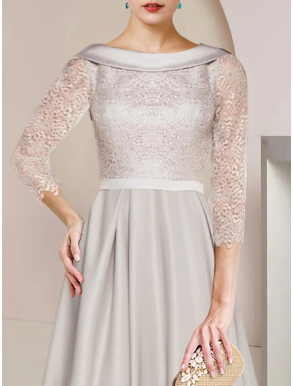 Sheath / Column Mother of the Bride Dress Wedding Guest Minimalist Elegant Scoop Neck Tea Length Satin Lace Half Sleeve with Ruching 2023