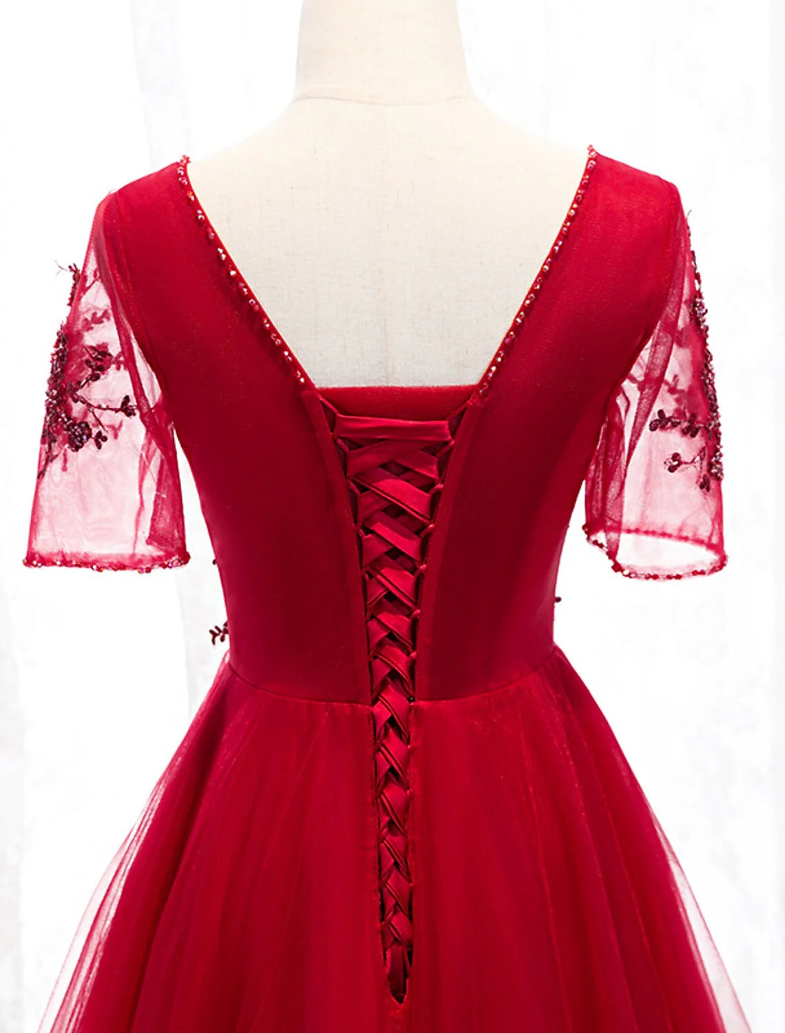 DingjiA-Line Prom Dresses Luxurious Dress Wedding Guest Formal Evening Floor Length Short Sleeve Spaghetti Strap Tulle with Beading Appliques