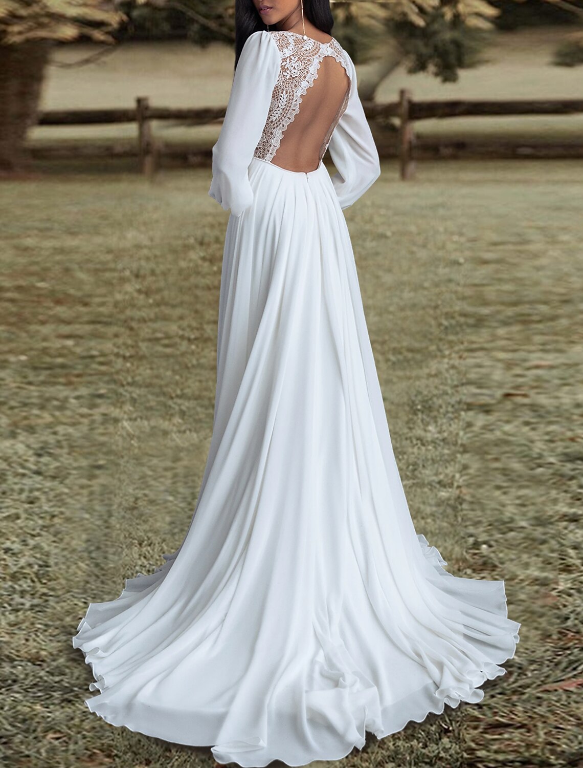 Open Back Wedding Dresses A-Line V Neck Long Sleeve Sweep / Brush Train Chiffon Bridal Gowns With Pleats