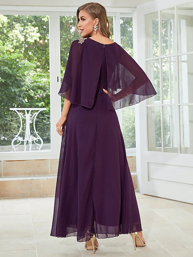 DingjiA-Line Wedding Guest Dresses Elegant Dress Party Wear Floor Length Half Sleeve Jewel Neck Chiffon with Ruffles