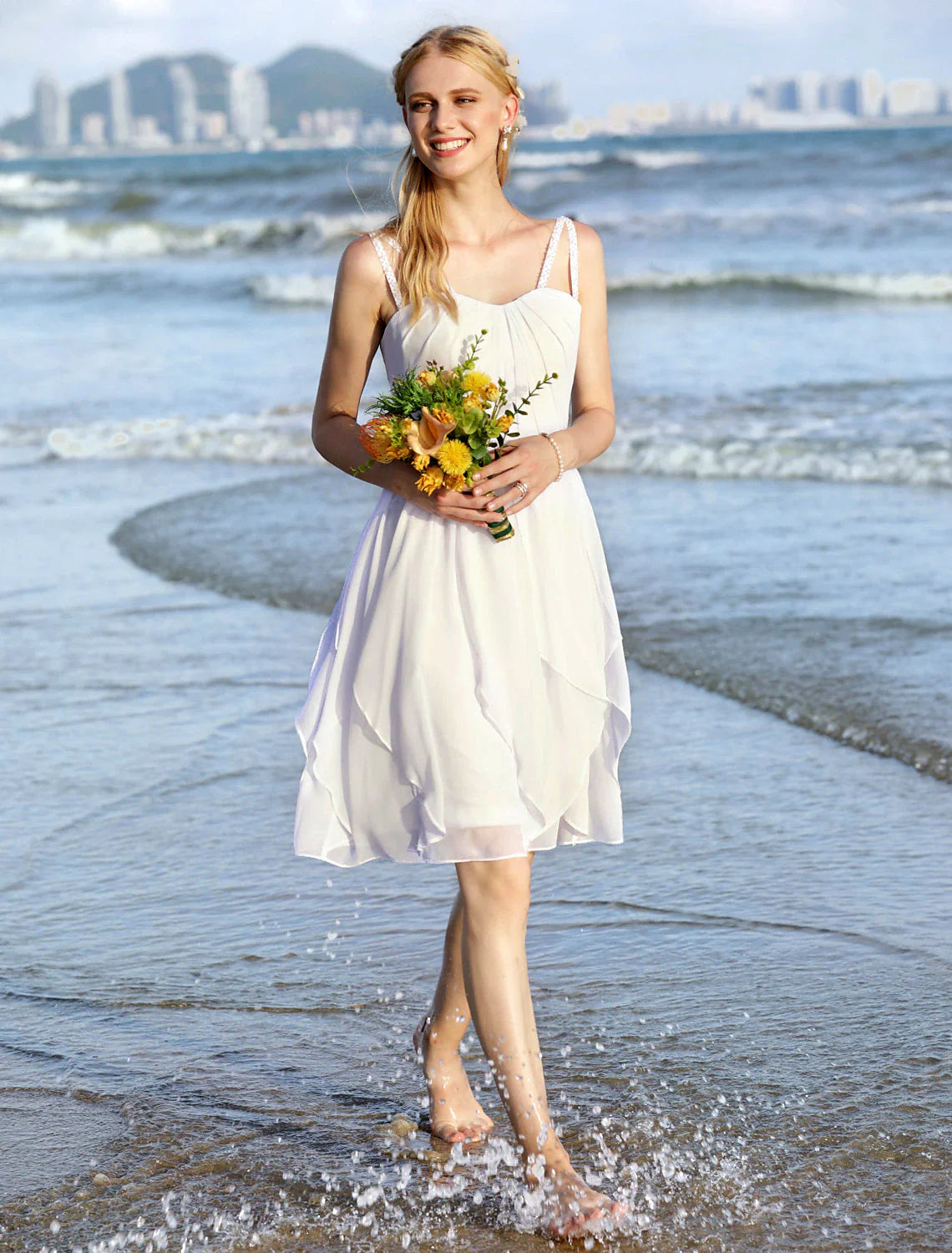 Wedding Dresses A-Line Sweetheart Regular Straps Knee Length Chiffon Bridal Gowns With Sash / Ribbon Ruched